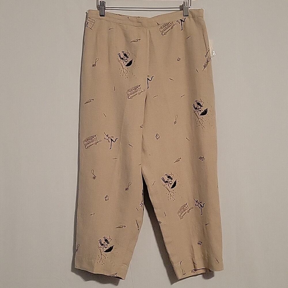 Rafaella Linen Novelty London Print Pants sz 12 tan cropped artsy lagenlook New